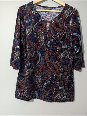 Clientele Vintage Women's Burnout Velvet Paisley Lace-Up Top Grunge Fairycore